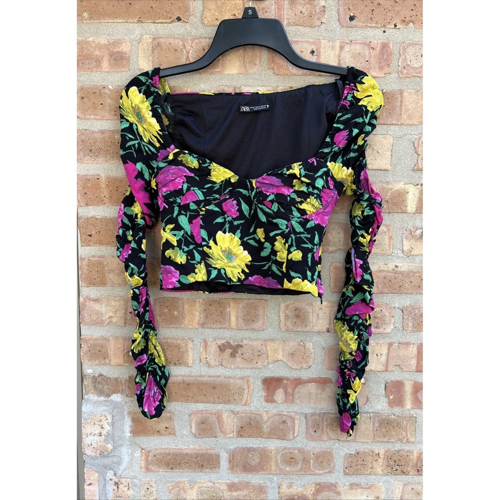 ZARA Crop Top Size XS Black Pink Floral Sweetheart Neck Long Sleeve Ruched